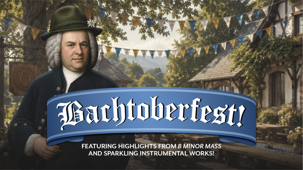 Bachtoberfest concert artwork featuring Bach wearing a typical Bavarian hat with a feather.