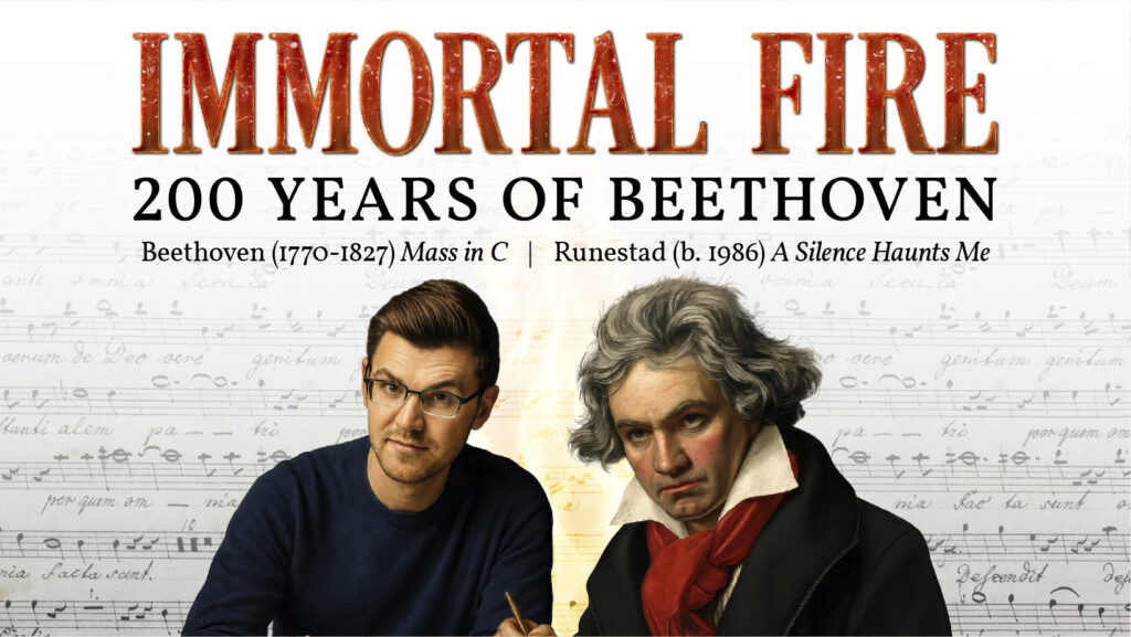 Concert graphic featuring concert title in stylized typeface and portraits of composers Beethoven and Jake Runestad made to look as though they are sitting next to each other.