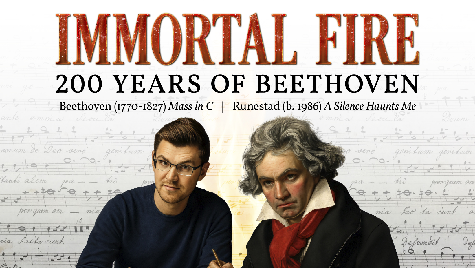 Concert graphic featuring concert title in stylized typeface and portraits of composers Beethoven and Jake Runestad made to look as though they are sitting next to each other.