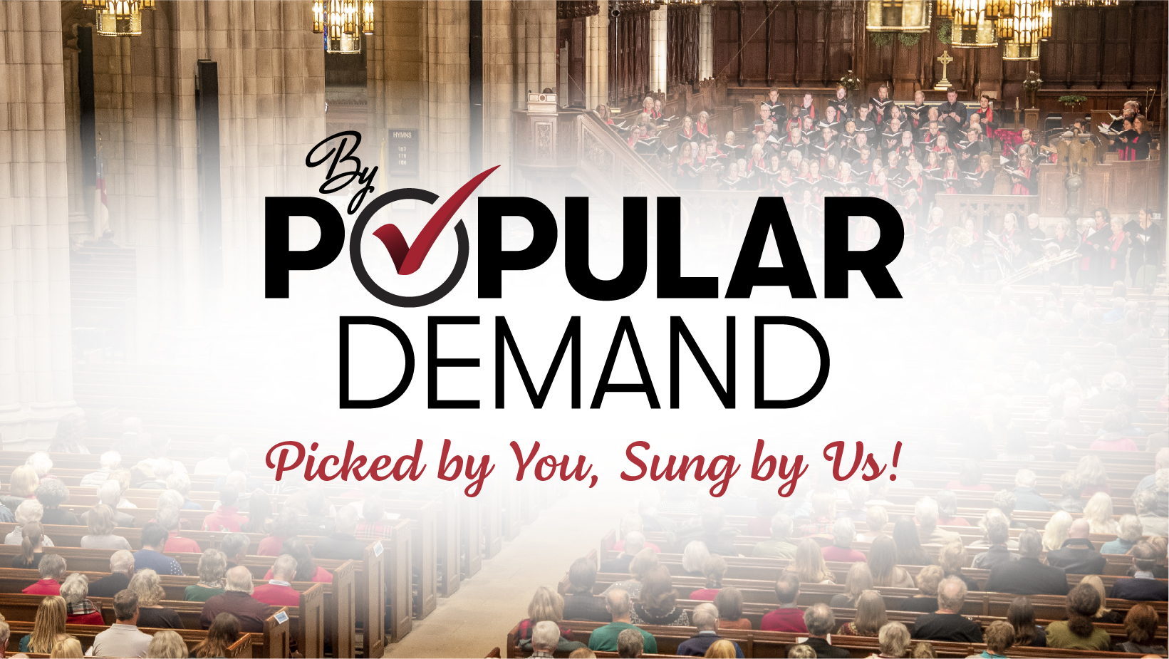 Concert title in stylized typeface on a background photo showing the chorus and audience in the Princeton University Chapel.